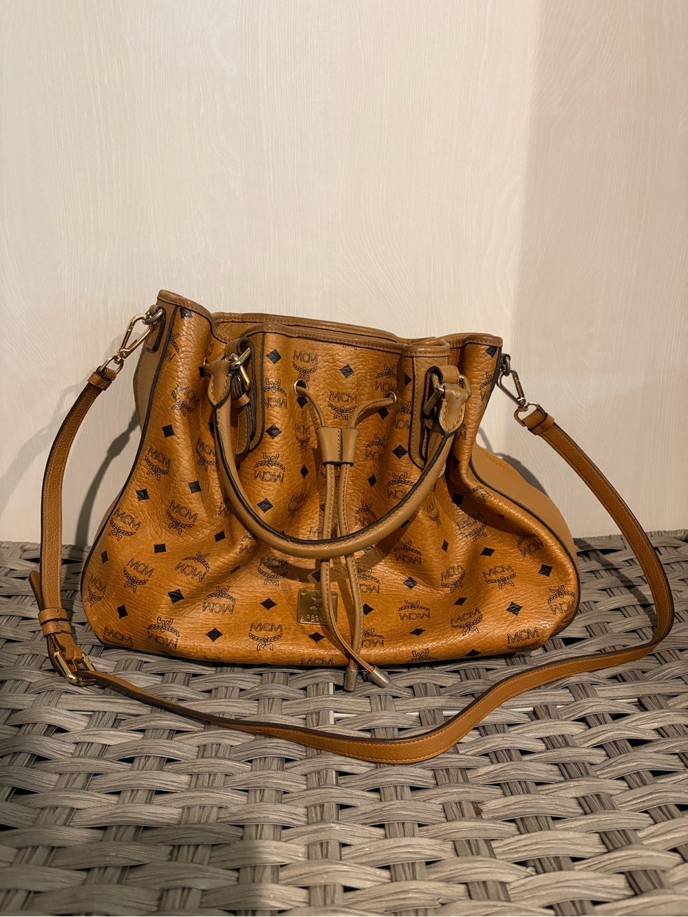 MCM Cognac Visetos drawstring crossbody/shoulder bucket bag